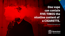 Image of a man vaping with a cloud covering his face with text reading "One vape can contain five times the nicotine content of a cigarette"