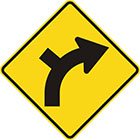 yellow diamond-shaped sign with black arrow that curves steadily right with a line branching off on the outside of the curve