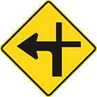 yellow diamond-shaped sign with black arrow that curves sharply left with a thinner line continuing upward and another branching to the right