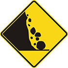 yellow diamond-shaped sign with black icon of rocks rolling down a rockface