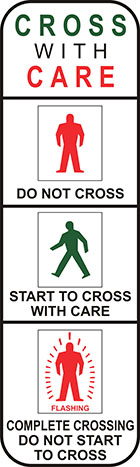 white sign separated into 4 panels with icons of red standing person and green walking person, and the words cross with care, do not cross, start to cross with care, and complete crossing do not start to cross