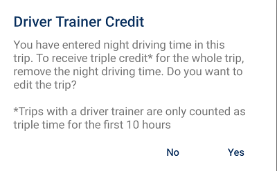 Message shown when a driver trainer is a supervisor for a night trip