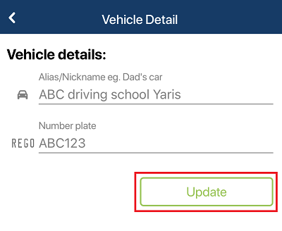 vehicle screen with Update button highlighted