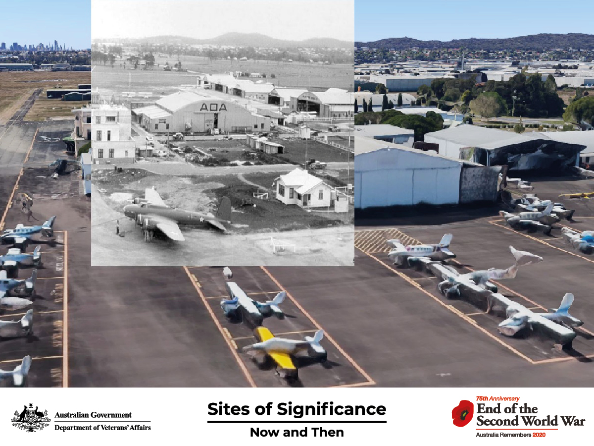 Headquarters of the United States Army Air Forces and a B-17 Flying Fortress #40-3067 at Archerfield airfield.