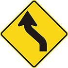 yellow diamond-shaped sign with black arrow with tail kinked about 45 degrees left then right