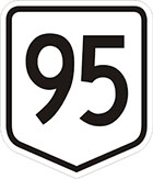 white shield-shaped sign with the number 95 in black