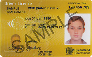 Example of Queensland driver licence, showing photo, personal details and the licence class and conditions