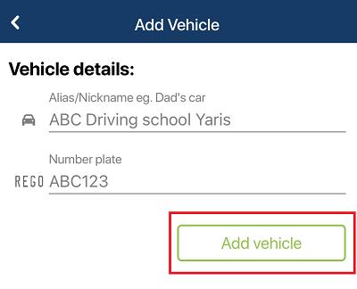 The Add vehicle screen with nickname and number plate filled in