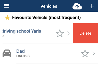 Vehicle screen with delete button visible