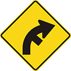 yellow diamond-shaped sign with black arrow that curves steadily right with a line branching off on the inside of the curve