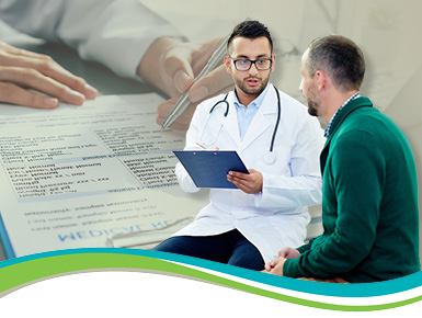 Doctor talking to a patient with assessment form in the background