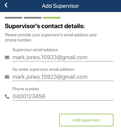 Third screen of Add supervisor process - add contact details