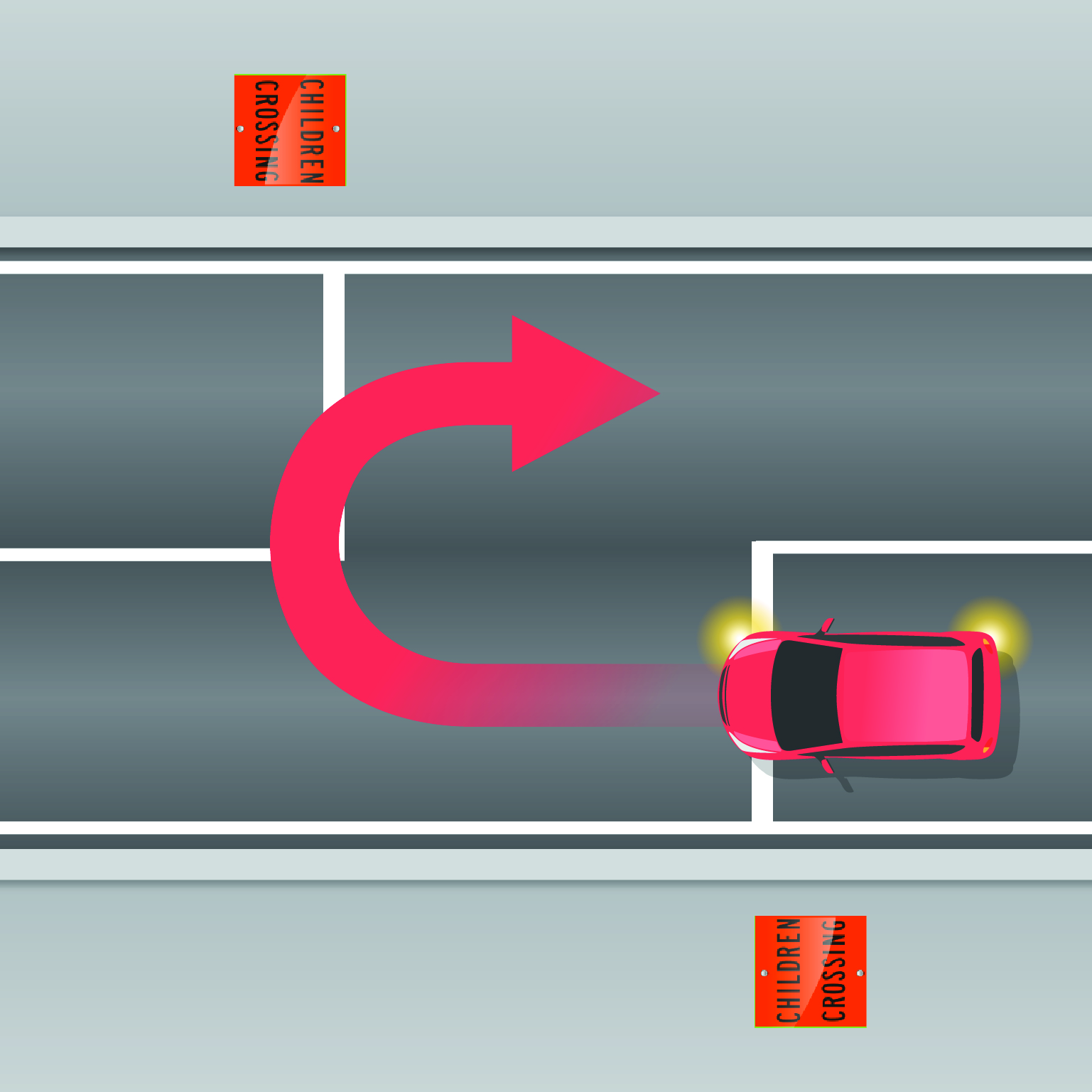 A car making a U-turn at a childrens crossing, going back the same direction it came from