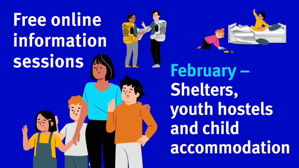 Carer and children, young international students, sleep over with two children with blue background