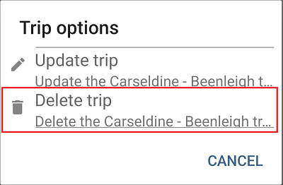 Menu for deleting a trip from the previous version of the app 