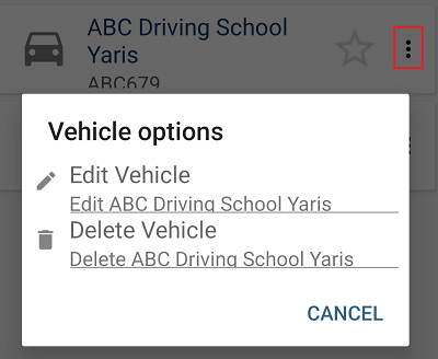 The options to edit or delete a vehicle