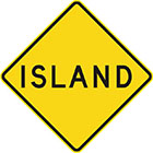 yellow diamond-shaped sign with black text, island