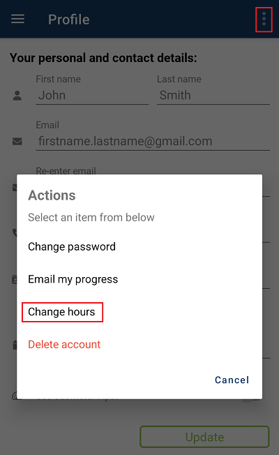 Profile menu with Change hours item selected