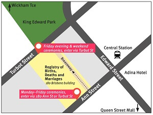 Map to locate Registry of Births, Death and Marriages at 180 Ann Street, Brisbane