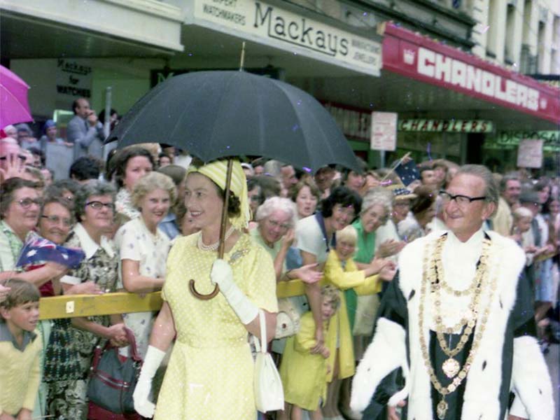 Queen Elizabeth II and Lord Mayor Frank Sleeman meeting people in Adelaide Street - 1977.