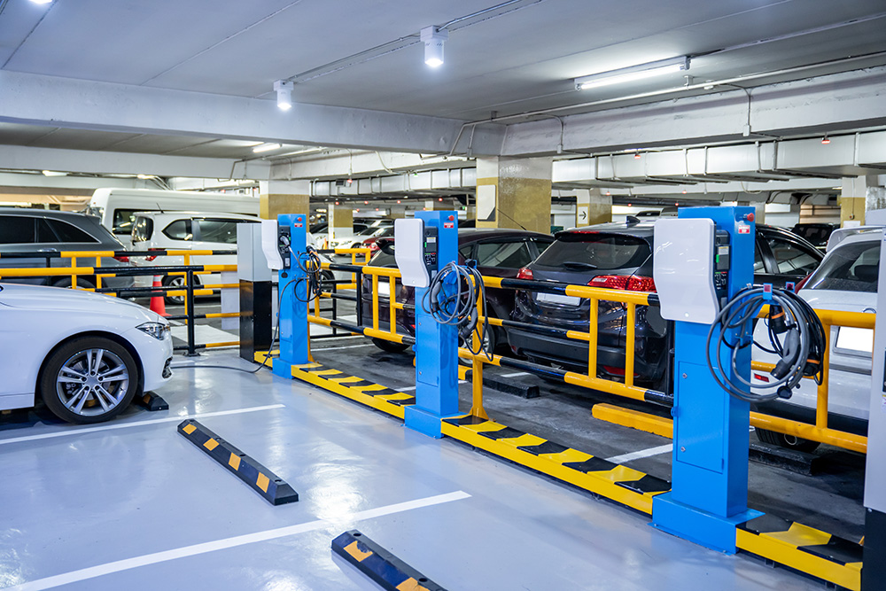 Battery electric charging stations installed in a car park