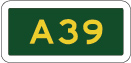 green sign with A39 in yellow