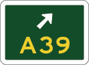 green sign with A39 in yellow and a white arrow