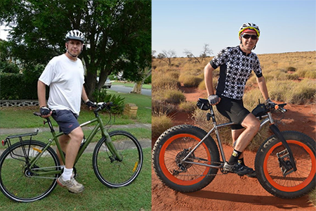 A person commuting to work and also riding in the desert.