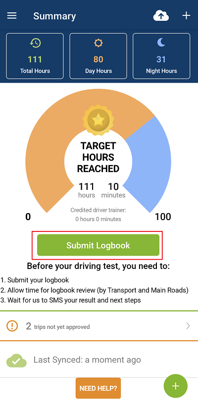 Summary screen with Submit logbook button available