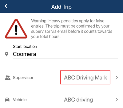 Trip screen with the supervisor section highlighted
