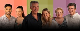 3 couples of various ages and ethnicity looking and smiling at the camera. Orange, green and purple background