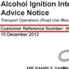 Sample alcohol ignition interlock program advice notice showing the customer reference number