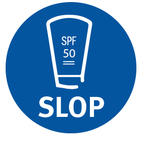 Icon of sunscreen and text 'slop' in white on blue background