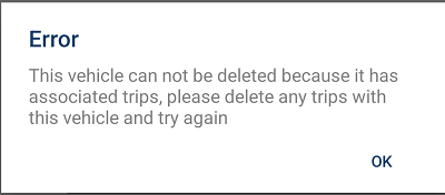 Error message shown when deleting a vehicle attached to a trip