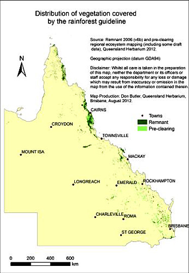 Map showing the distribution of pre-clearing and remnant rainforest in Queensland.