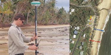Left image shows a surveyor measuring the height of storm surge at the beach. Right image shows an aerial view of the beach with dotted lines measuring the sand beach profile.