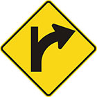 yellow diamond-shaped sign with black arrow that curves steadily right with a line continuing upward