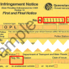 Sample handwritten infringement notice showing the infringement number