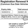 Sample vehicle registration renewal notice for vehicles with common due dates showing the customer reference number