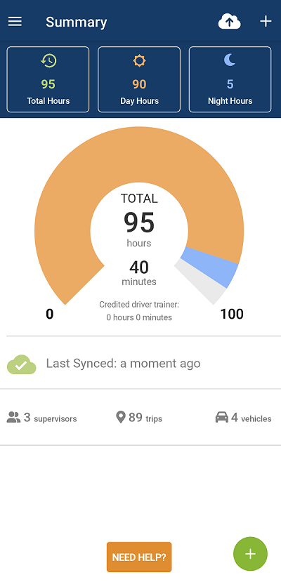 The summary screen on the learner logbook app showing the hours logged, trips, vehicles and supervisor info