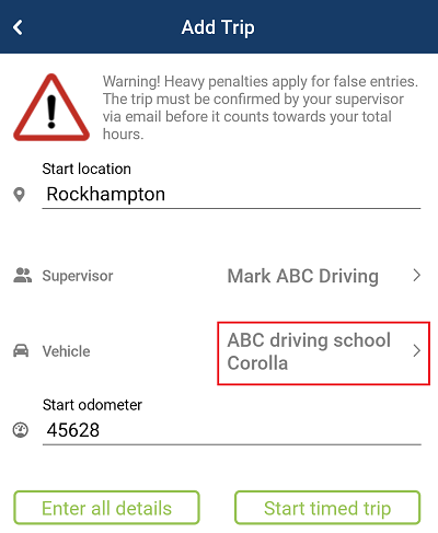 The add trip screen with the vehicle highlighted