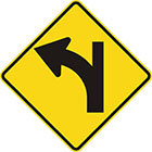 yellow diamond-shaped sign with black arrow that curves steadily left with a line continuing upward