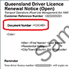 Sample driver licence renewal notice showing the authorisation code