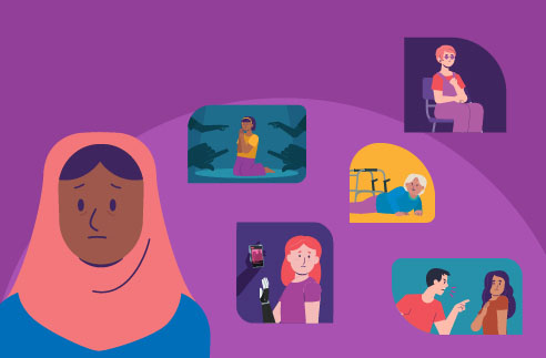  Illustration of a woman wearing a hijab with various thought bubbles depicting potential domestic and family violence scenarios in the background.