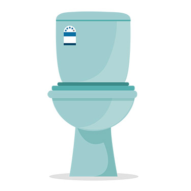 Illustration of a standard toilet cistern and pan with a small water efficiency sticker on the cistern 