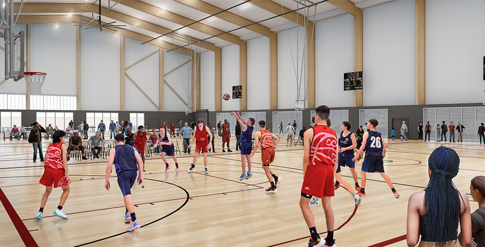 basketball court scene featuring players engaged in a game