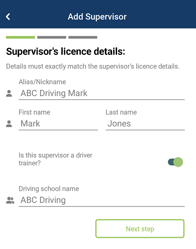 Add supervisor screen - add name and driver trainer details