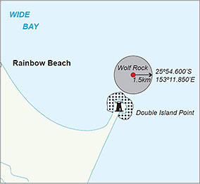 Map showing the Wolf Rock grey nurse shark designated area, near Double Island Point, extends 1.5km around a central point.
