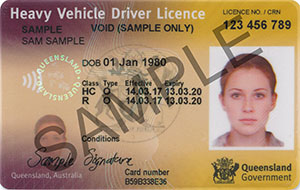 Example of Queensland heavy vehicle driver licence, showing photo, personal details and the licence class and conditions