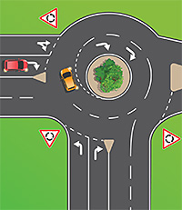 A car in the right lane approaches a roundabout and indicates to turn right. Another car on the roundabout indicating to exit the roundabout